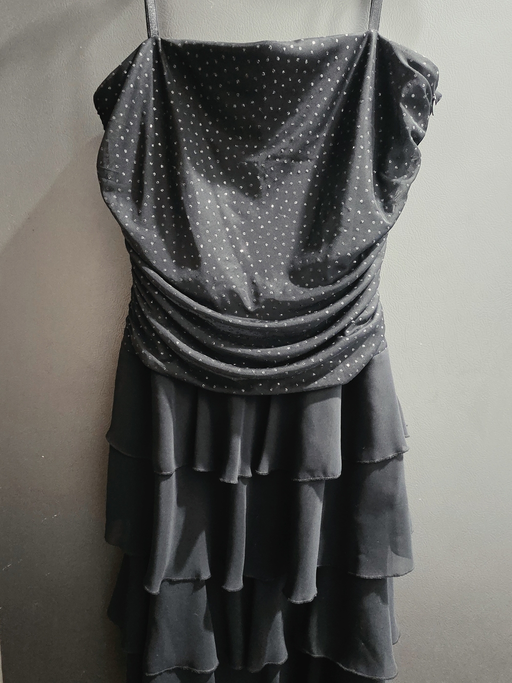 Black Spaghetti Strap Tiered Ruffle Dress with Sparkly Bodice